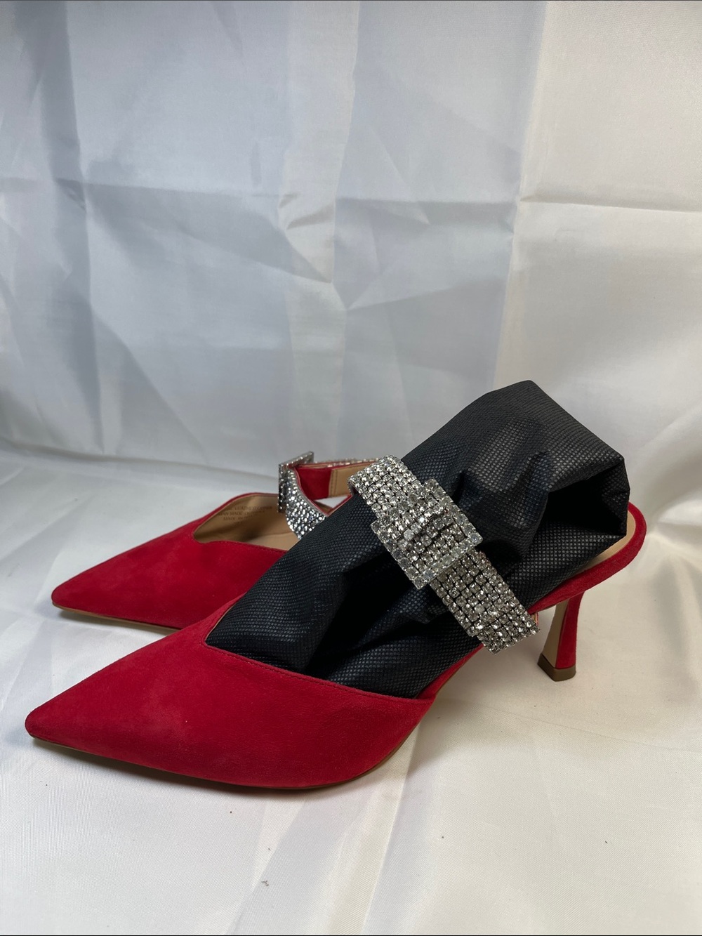 Talbots Red Pointed-Toe Rhinestone Buckle Kitten Heel Mules